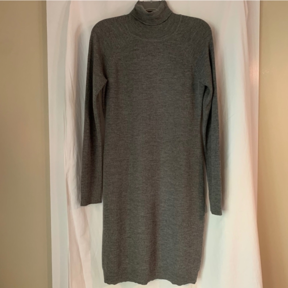 Garnet Hill Merino Wool Charcoal Long Sleeve Turtleneck Dress